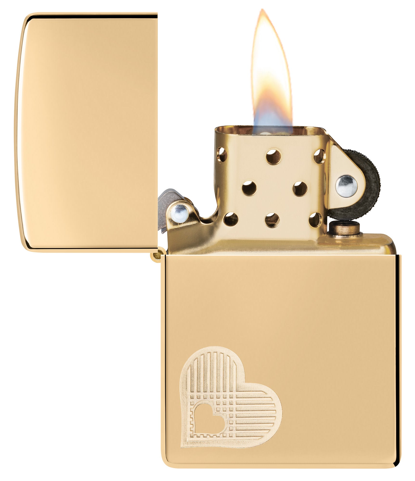 Zippo Double Hearts Design High Polish Brass Windproof Lighter with its lid open and lit.