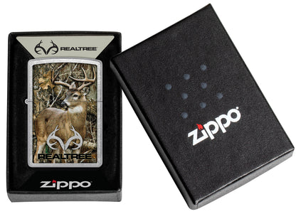 Zippo RealtreeÂ® Buck Design Street Chrome Windproof Lighter in its packaging.