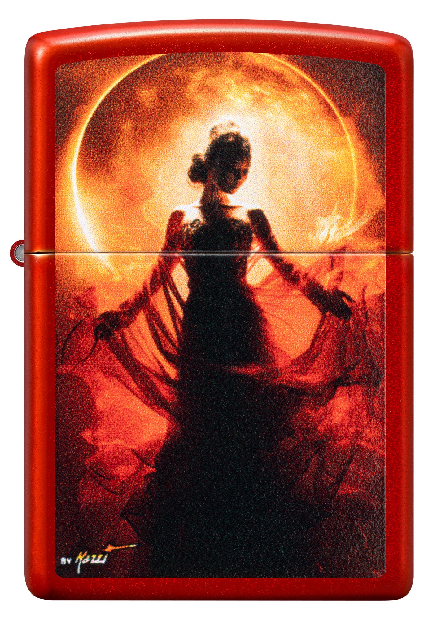 Front view of Zippo MazziÂ® Woman Silhouette Metallic Red Windproof Lighter.