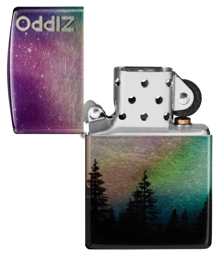 Zippo Colorful Sky Design 540 Tumbled Chrome Windproof Lighter with its lid open and unlit.