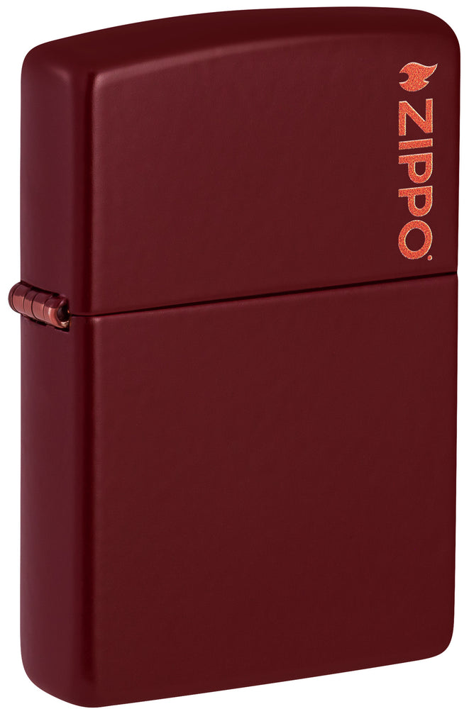 Front view of Zippo Classic Merlot Logo Windproof Lighter standing at a 3/4 angle.