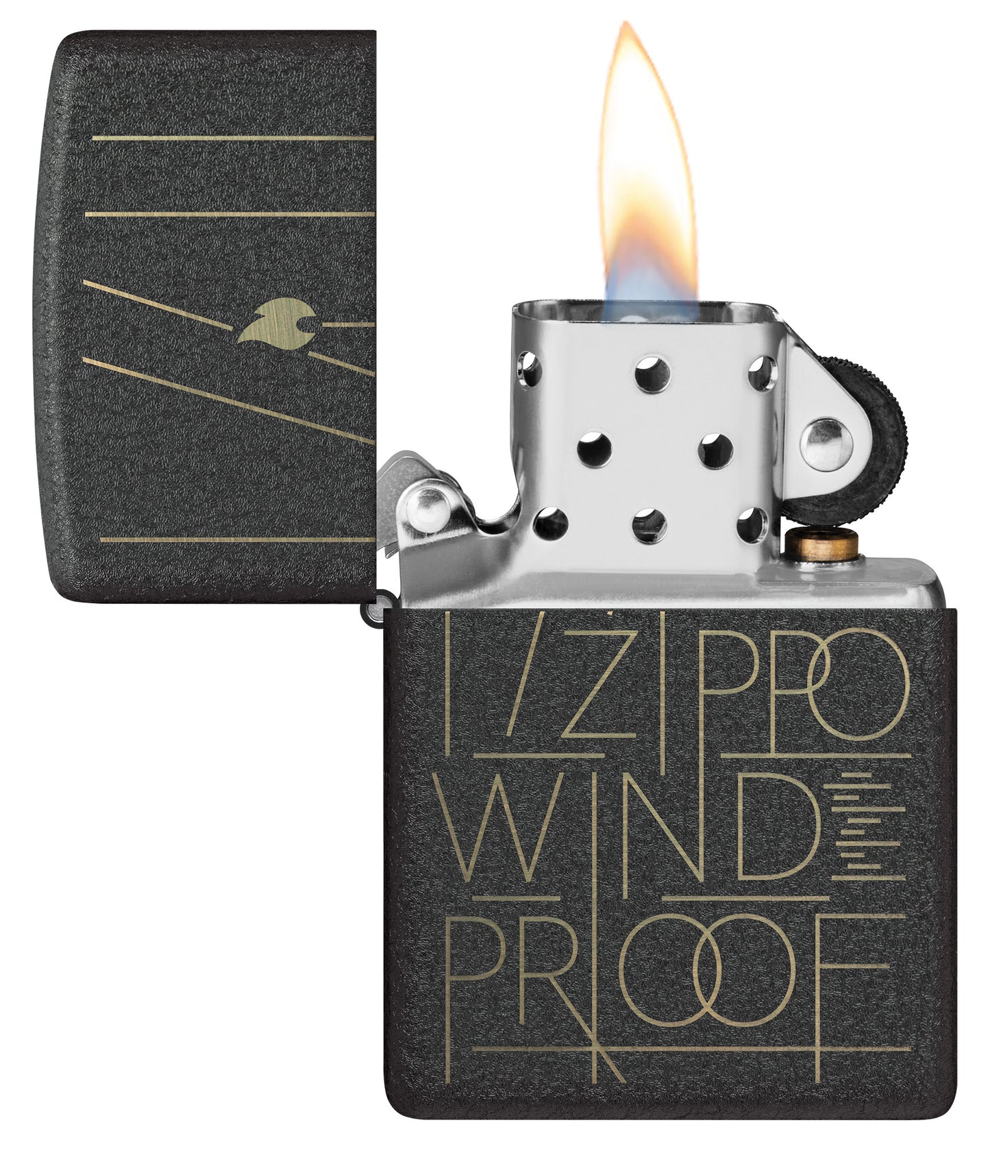 Zippo Line Art Zippo Design Black Crackle Windproof Lighter with its lid open and lit.