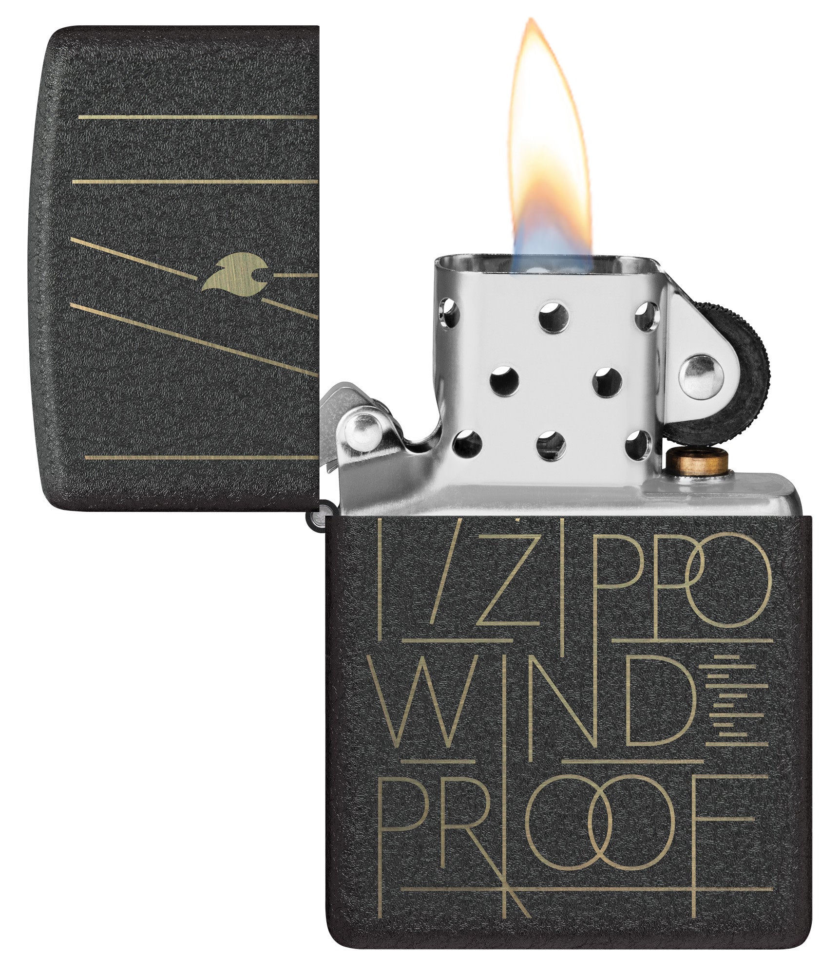 Zippo Line Art Zippo Design Black Crackle Windproof Lighter with its lid open and lit.