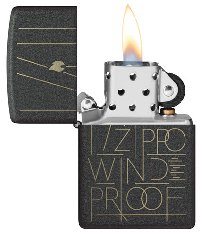Zippo Line Art Zippo Design Black Crackle Windproof Lighter with its lid open and lit.