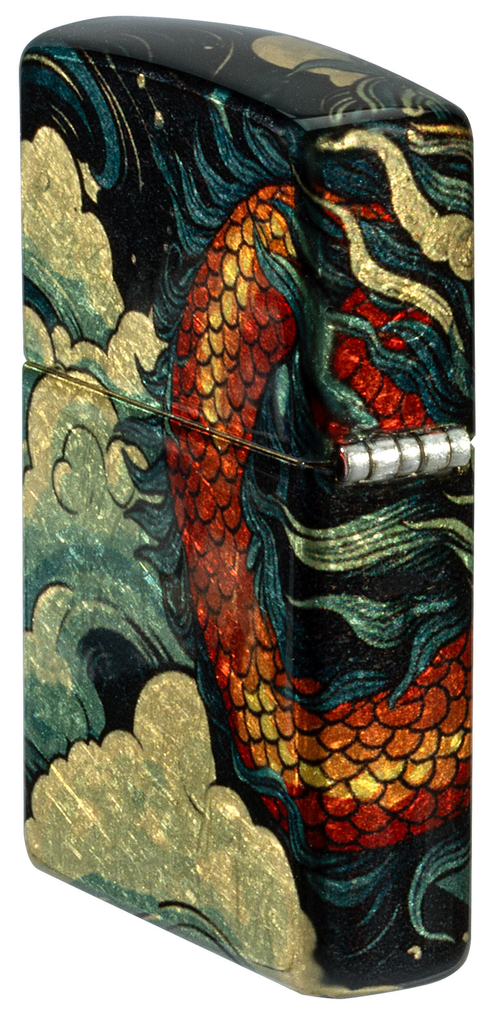 Angled shot of Zippo Dragon Fusion Design 540 Tumbled Brass Windproof Lighter showing the back and hinge sides of the lighter.