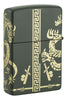 Back angled shot of Zippo Dragon Design Green Matte Windproof Lighter standing at a 3/4 angle.