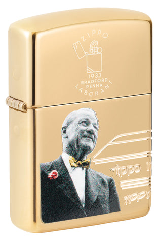 Front shot of Zippo 2023 Founder's Day Collectible Armor High Polish Brass Windproof Lighter standing at a 3/4 angle.