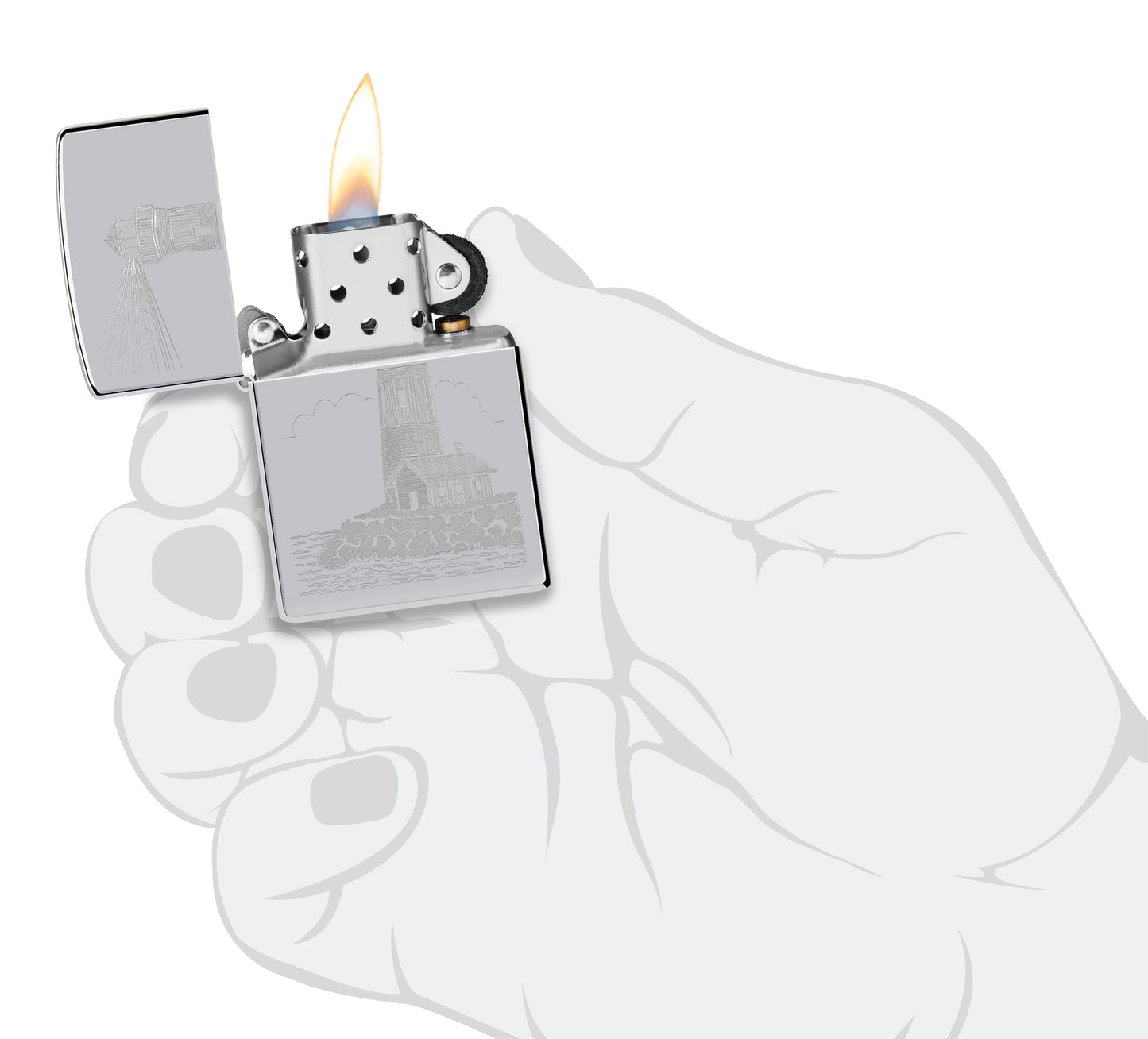 Zippo Lighthouse Design Highpolish Chrome Windproof Lighter lit in hand.