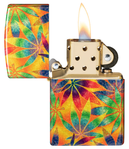 Zippo Cannabis Design 540 Tumbled Brass Windproof Lighter with its lid open and lit.