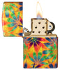 Zippo Cannabis Design 540 Tumbled Brass Windproof Lighter with its lid open and lit.