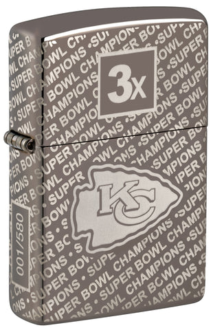 Front shot of Zippo NFL Kansas City Chiefs Super Bowl Commemorative Armor Black Ice Windproof Lighter standing at a 3/4 angle.
