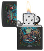 Zippo Black Light Rick Rietveld Design Black Martte Windproof Lighter with its lid open and lit.