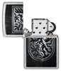 Zippo Dragon Shield Design Street Chrome Windproof Lighter with its lid open and unlit.