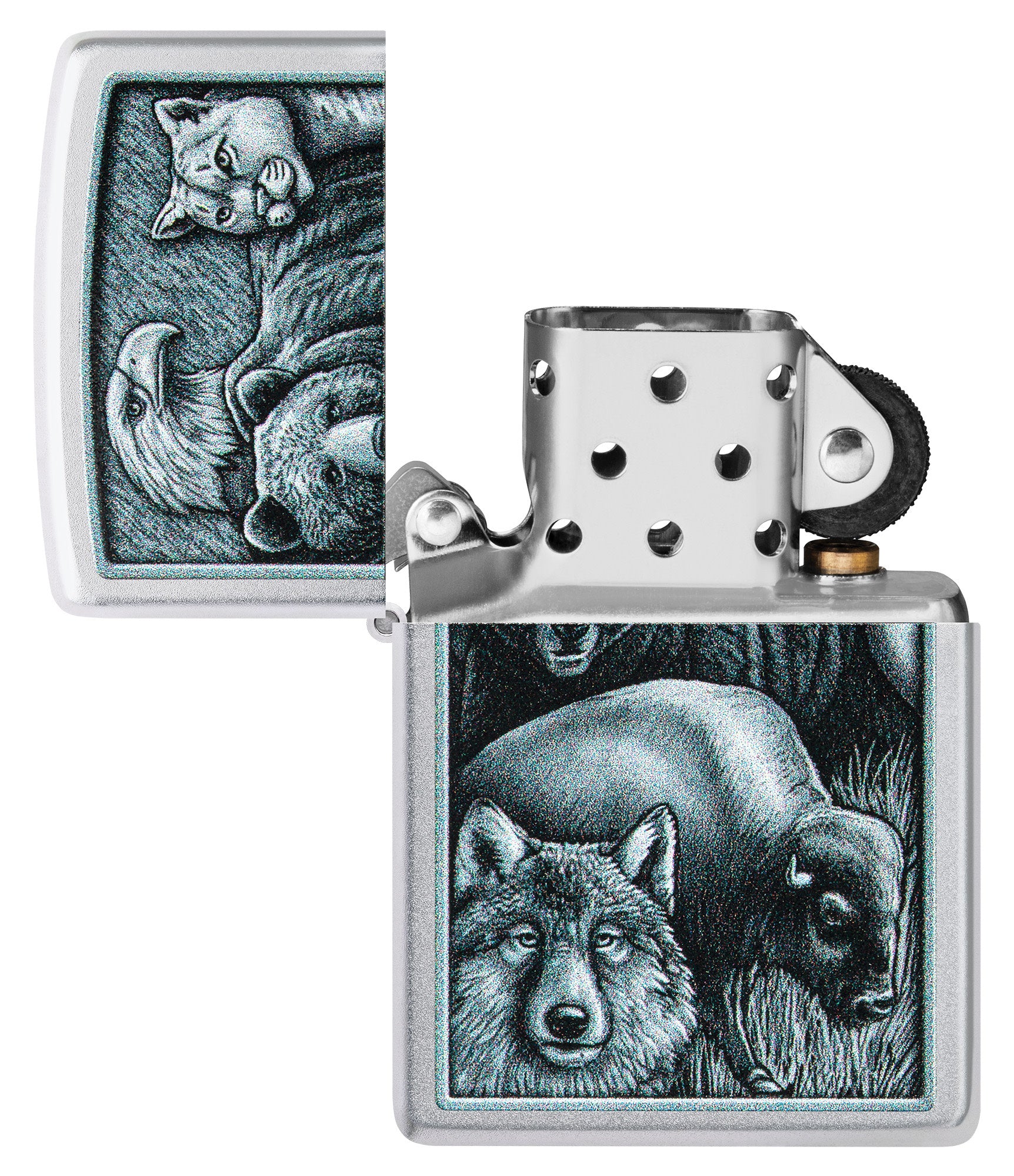 Zippo Animal Kingdom Design Satin Chrome Windproof Lighter with its lid open and unlit.