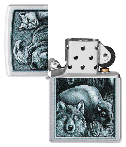 Zippo Animal Kingdom Design Satin Chrome Windproof Lighter with its lid open and unlit.