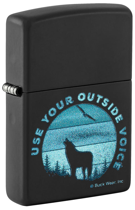 Front shot of Buck Wear™  Use your Outside Voice Design standing at a 3/4 angle