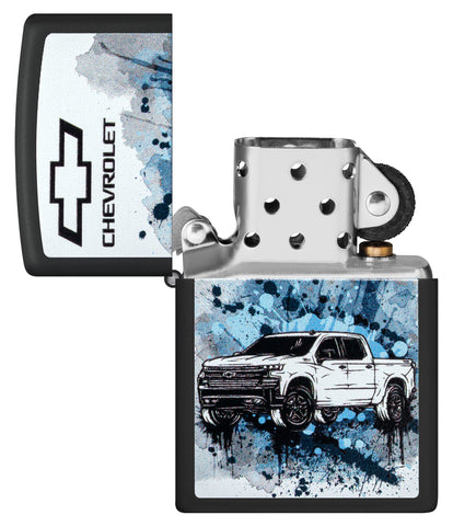 Zippo Chevrolet Black Matte Pocket Lighter with its lid open and unlit.