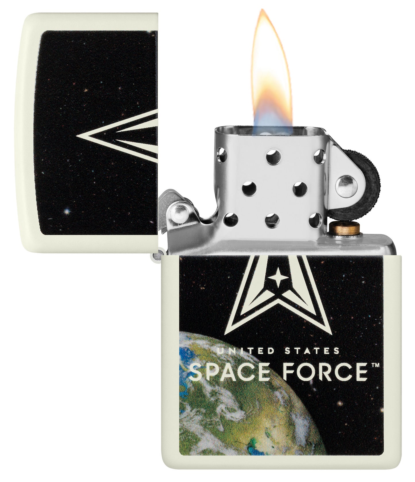 Zippo U.S. Space Forceâ„¢ Glow in the Dark Windproof Lighter with its lid open and lit.