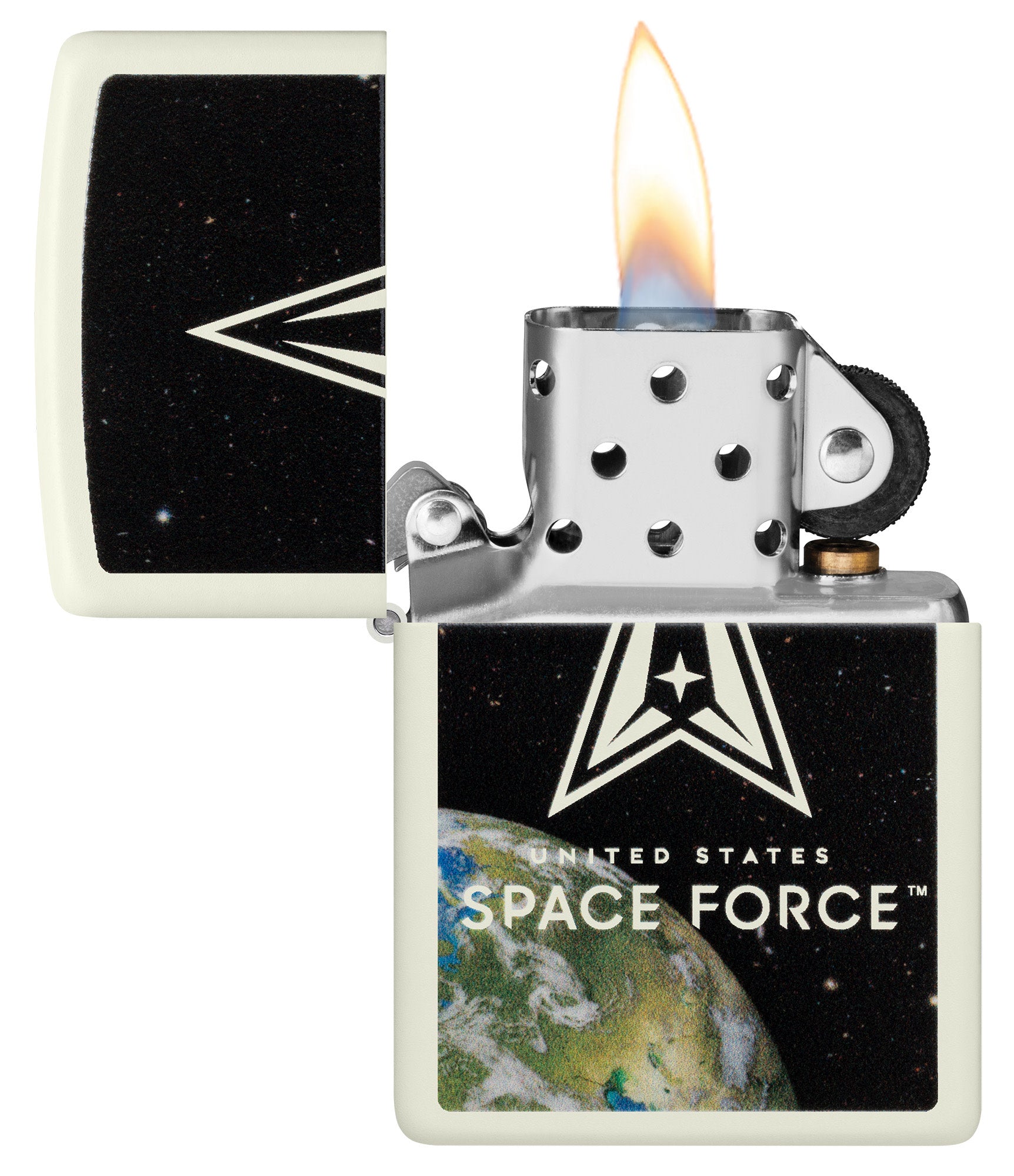 Zippo U.S. Space Forceâ„¢ Glow in the Dark Windproof Lighter with its lid open and lit.