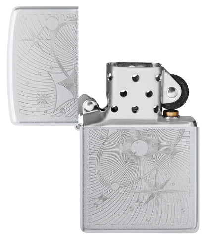 Zippo Atomic Cosmos Design Satin Chrome Windproof Lighter with its lid open and unlit.