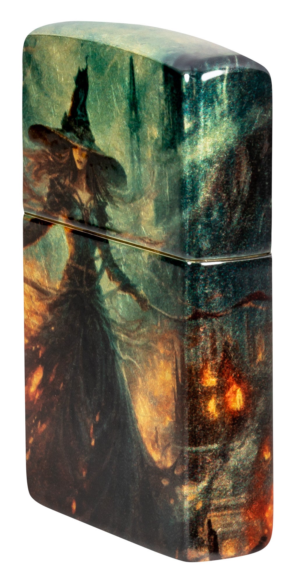 Angled shot of Zippo Fire Mage Design 540 Tumbled Brass Windproof Lighter showing the front and right side of the lighter.