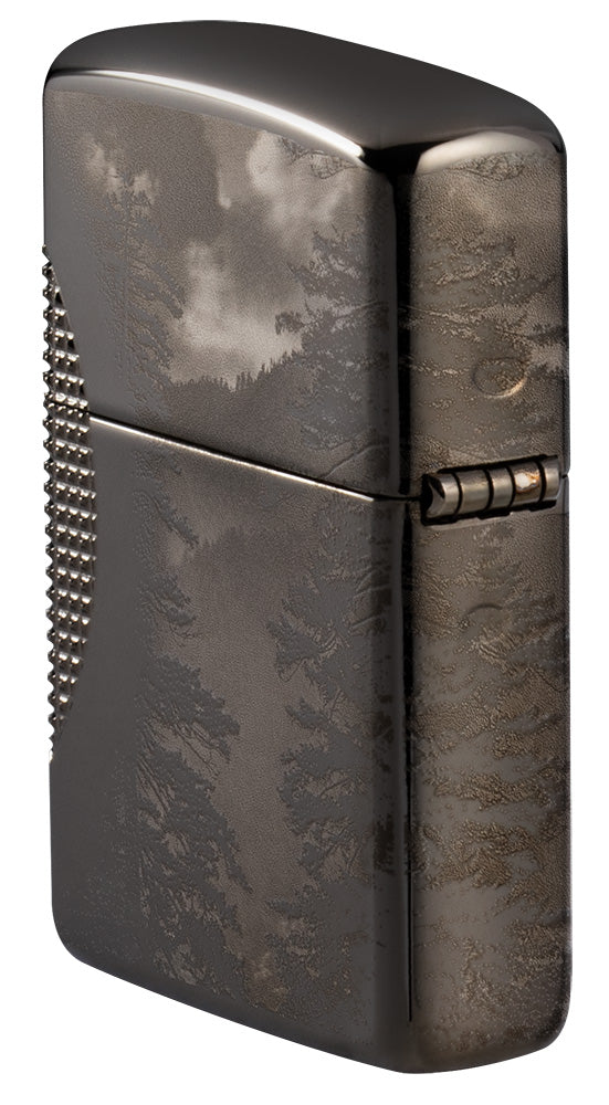 Angled shot of Wolf Design Armor® Black Ice® Windproof Lighter showing the back and the hinge side