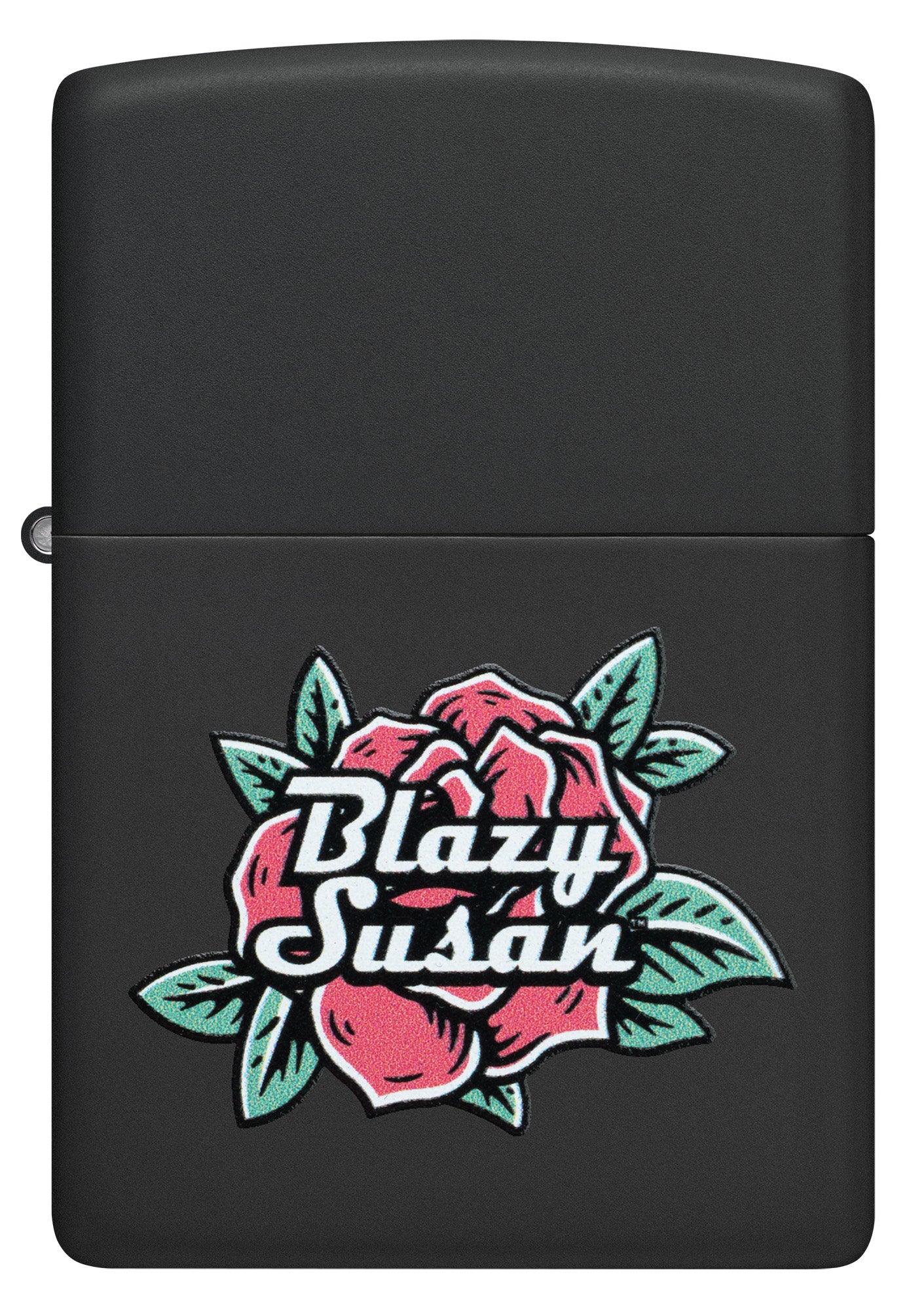 Front view of Zippo Blazy Susan™ Logo Design Black Matte Windproof Lighter.