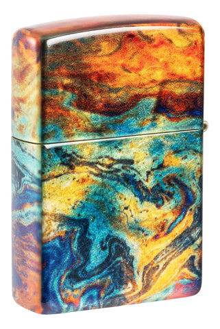Back shot of Zippo Colorful Design 540 Tumbled Brass Windproof Lighter standing at a 3/4 angle.