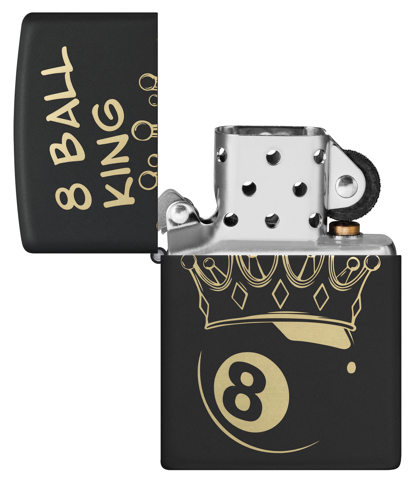 Zippo Billiards Champion Design Black Matte Windproof Lighter with its lid open and unlit.