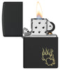 Zippo Fire Heart Design Black Matte Windproof Lighter with its lid open and lit.