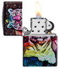 Zippo Tiger Glory 540 Tumbled Chrome Windproof Lighter with its lid open and lit.
