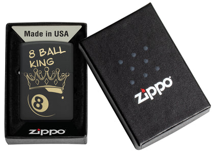 Zippo Billiards Champion Design Black Matte Windproof Lighter in its packaging.