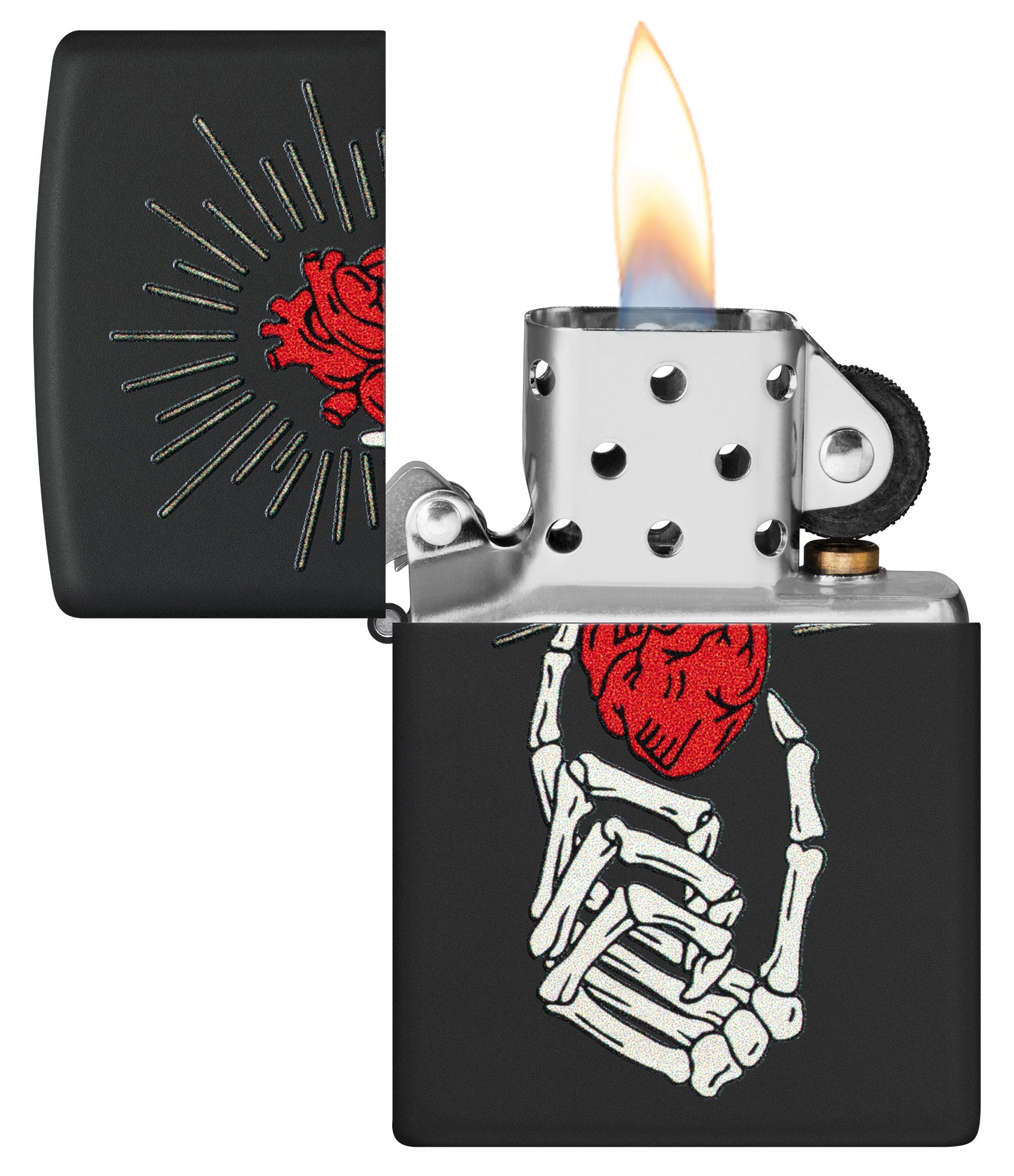 Zippo Undying Love Design Black Matte Windproof Lighter with its lid open and lit.