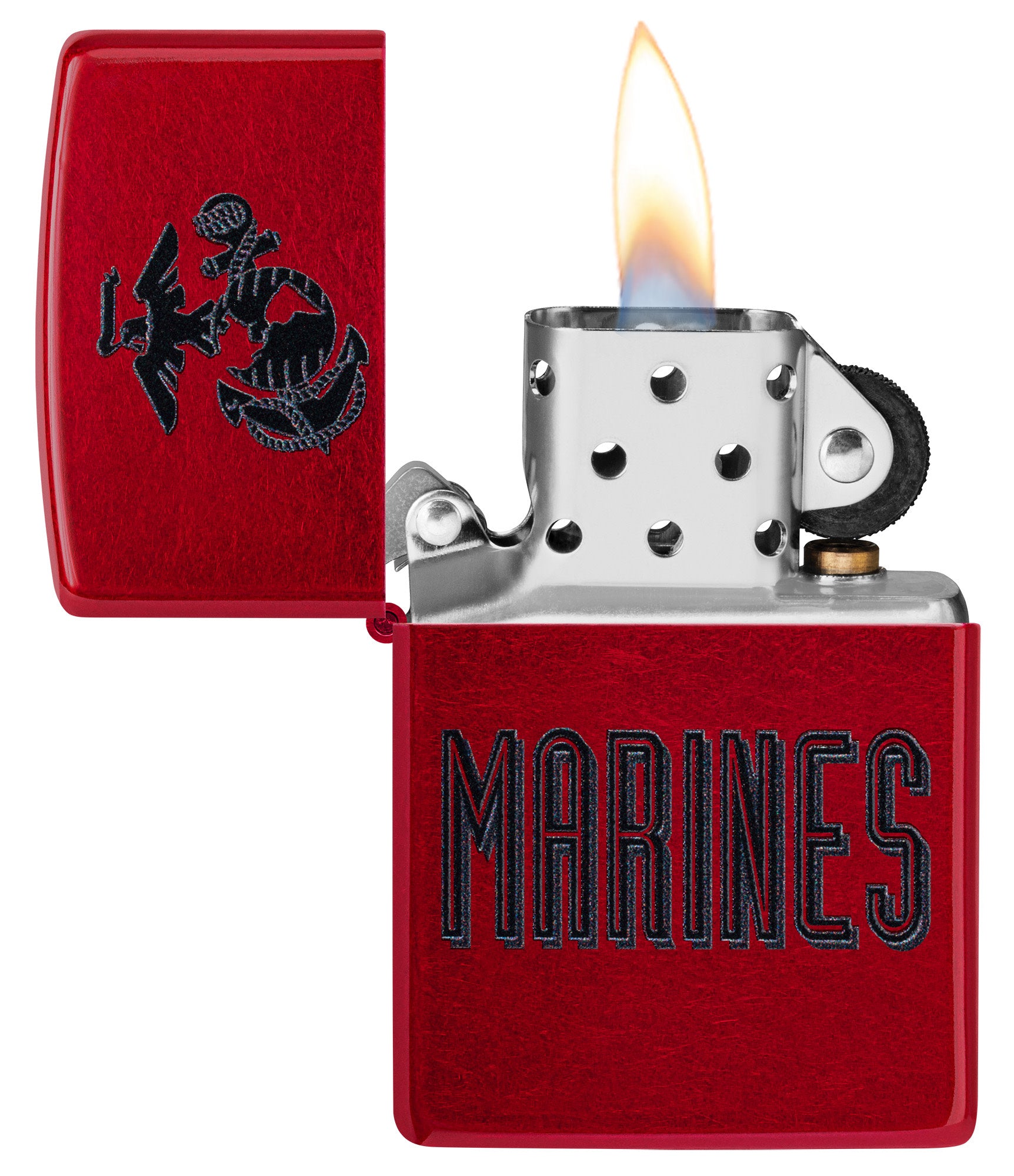 Zippo U.S. Marine Corps Candy Apple Windproof Lighter with its lid open and lit.