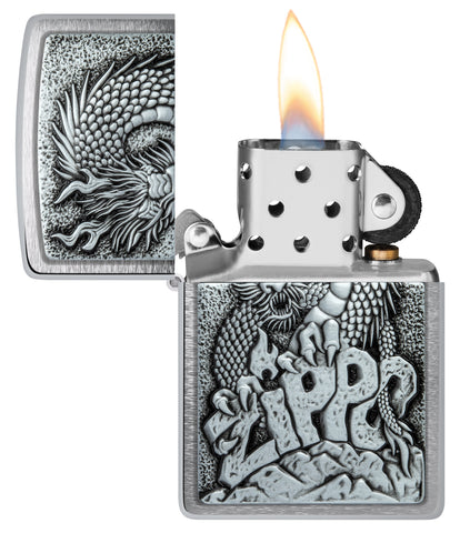 Zippo Design Brushed Chrome Windproof Lighter with its lid open and lit.