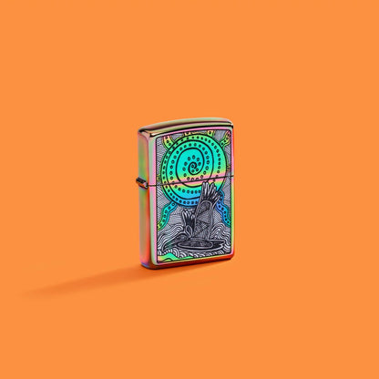 Lifestyle image of Zippo John Smith Gumbula Multi-Color Windproof Lighter on an orange background.