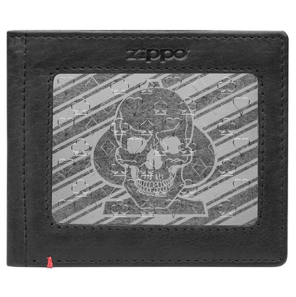 Front of black Leather Wallet With Spade Skull Metal Plate Design - ID Window