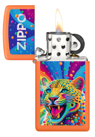 Zippo Leopard Design Slim Orange Matte Windproof Lighter with its lid open and lit.