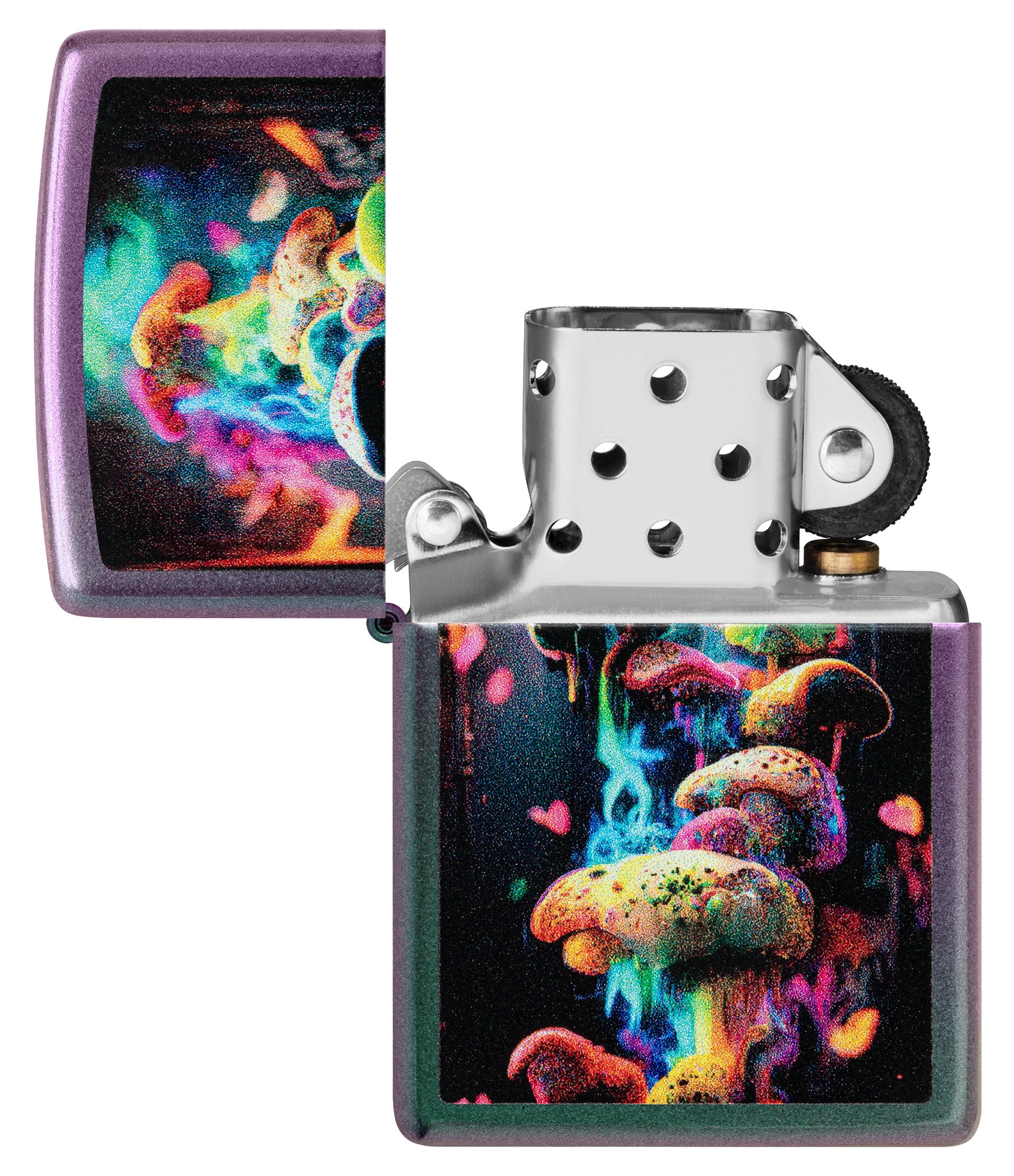 Zippo Mushrooms Design Iridescent Windproof Lighter with its lid open and unlit.