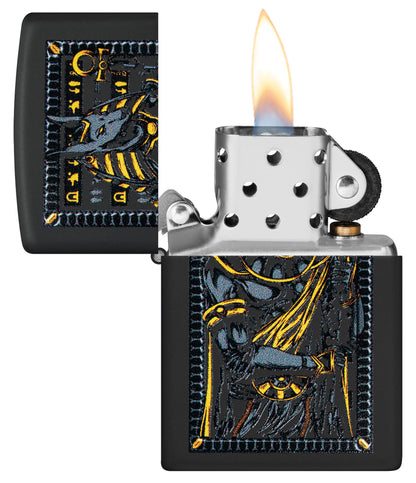 Zippo Anubis Design Black Matte Windproof Lighter with its lid open and lit.