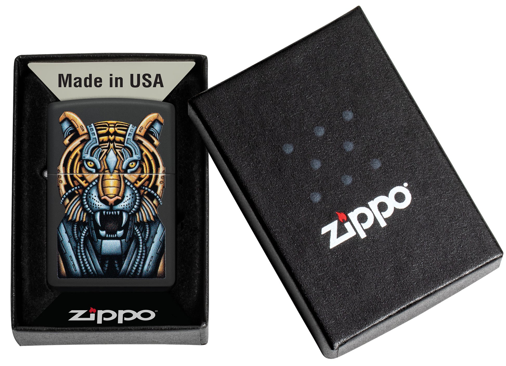 Zippo Bionic Tiger Design Black Matte Windproof Lighter in its packaging.