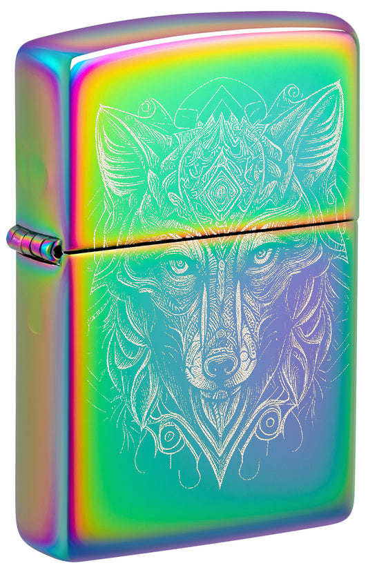 Front shot of Zippo Mystic Wolf Design Multi Color Windproof Lighter standing at a 3/4 angle.