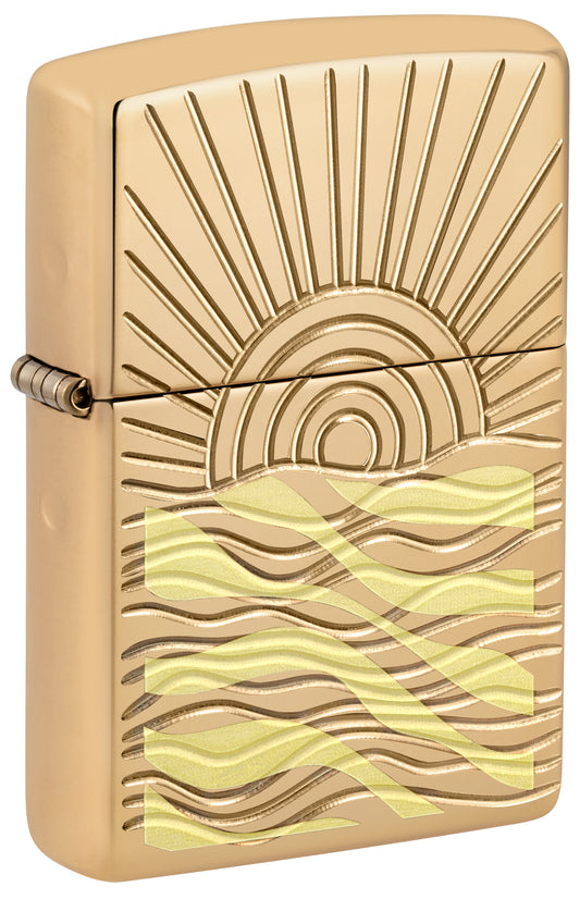 Front shot of SunBeam Pendant ArmorÂ® High Polish Brass Windproof Lighter standing at a 3/4 angle