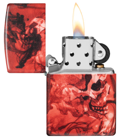 Zippo Spooky Skulls 540 Matte Windproof Lighter with its lid open and lit.