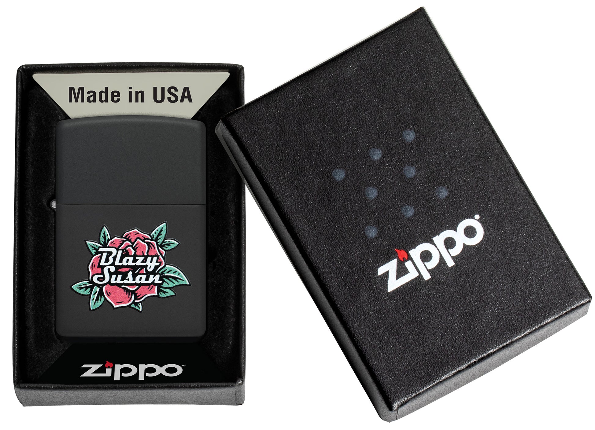 Zippo Blazy Susan™ Logo Design Black Matte Windproof Lighter in its packaging.