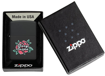 Zippo Blazy Susan™ Logo Design Black Matte Windproof Lighter in its packaging.