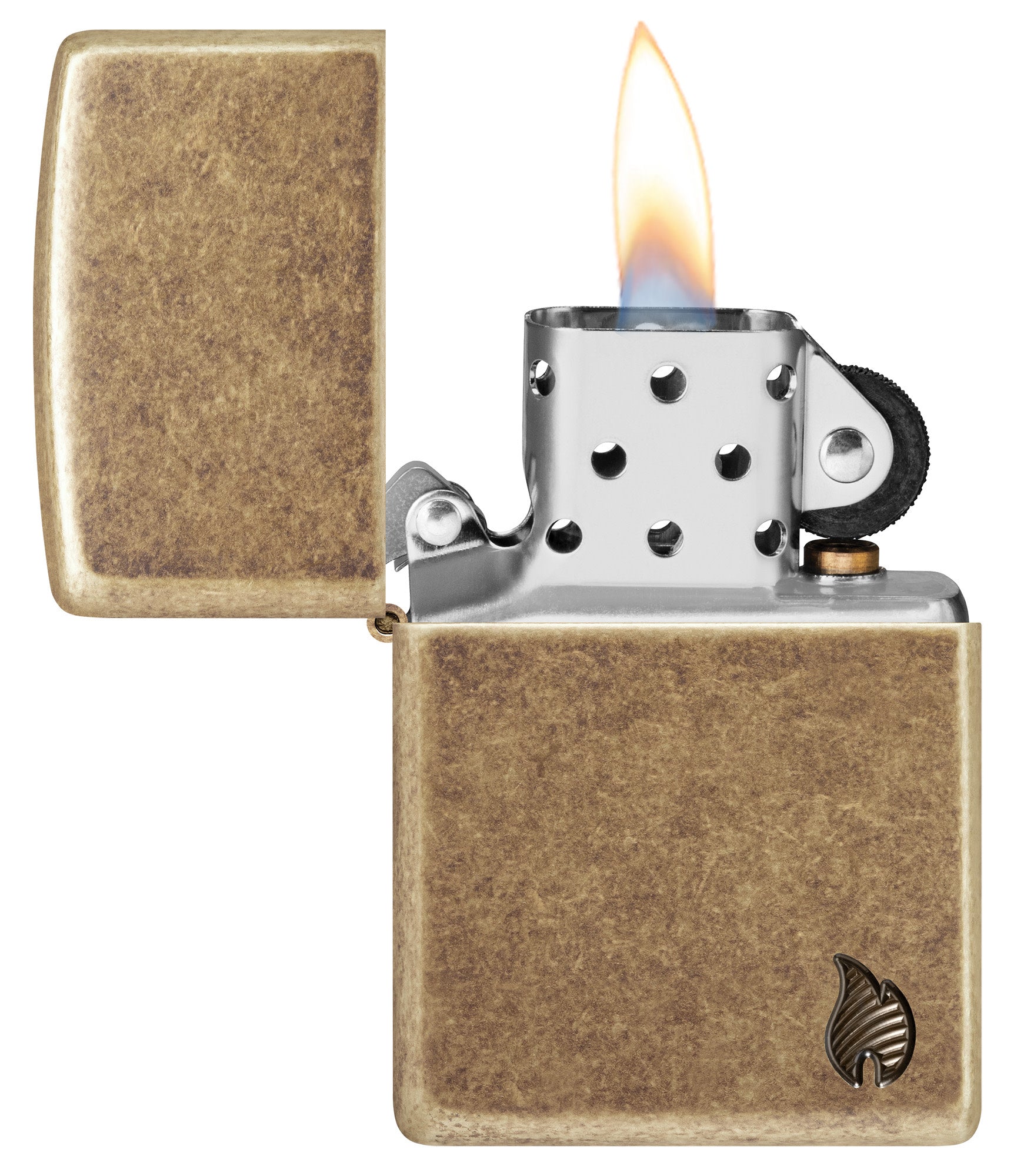 Zippo ArmorÂ® Series Flame Antique Brass Windproof Lighter with its lid open and lit.