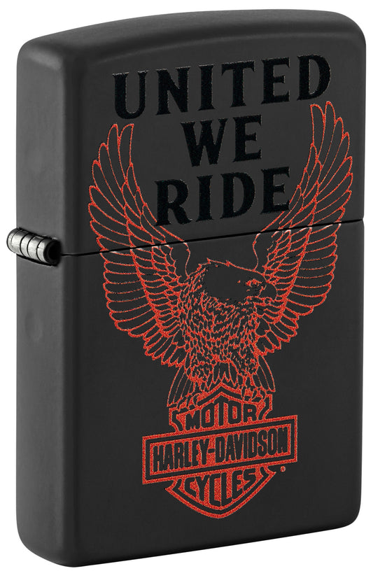 Front view of Zippo Harley-DavidsonÂ® Black Matte Windproof Lighter standing at a 3/4 angle.