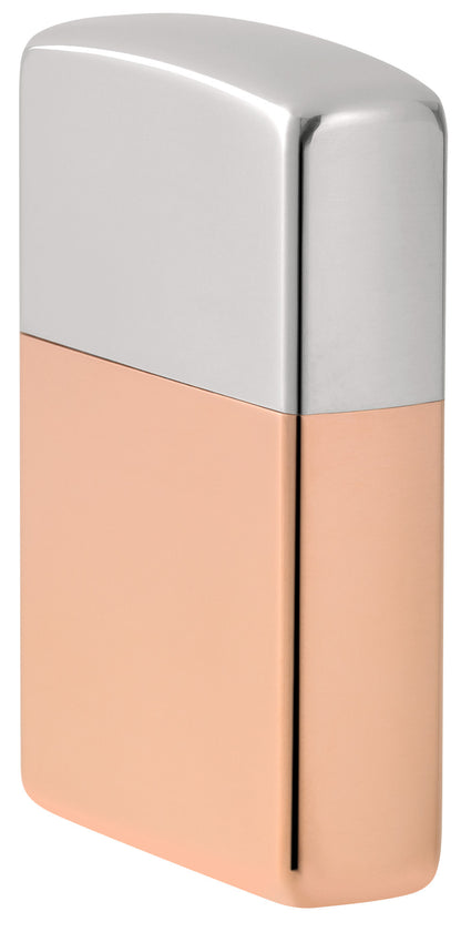 Angled shot of Zippo Bimetal Case Lighter - Copper Lid Windproof Lighter showing the front and right side of the lighter.