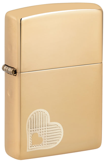 Front shot of Zippo Double Hearts Design High Polish Brass Windproof Lighter standing at a 3/4 angle.
